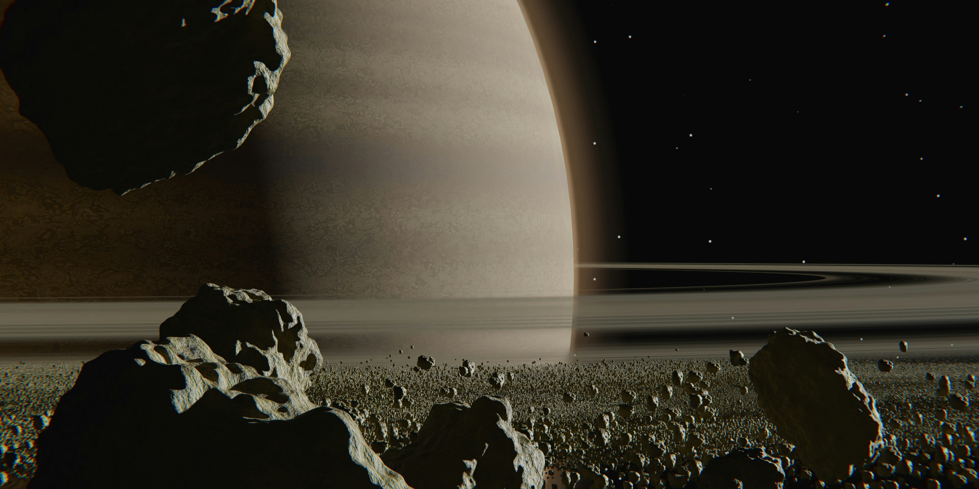 Rocky ring particles with Saturn in the distance